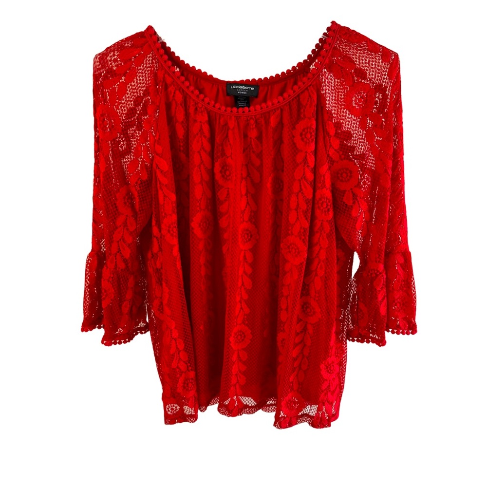 Liz Claiborne Red Floral Lace 3/4 Bell Sleeves Lined Blouse
